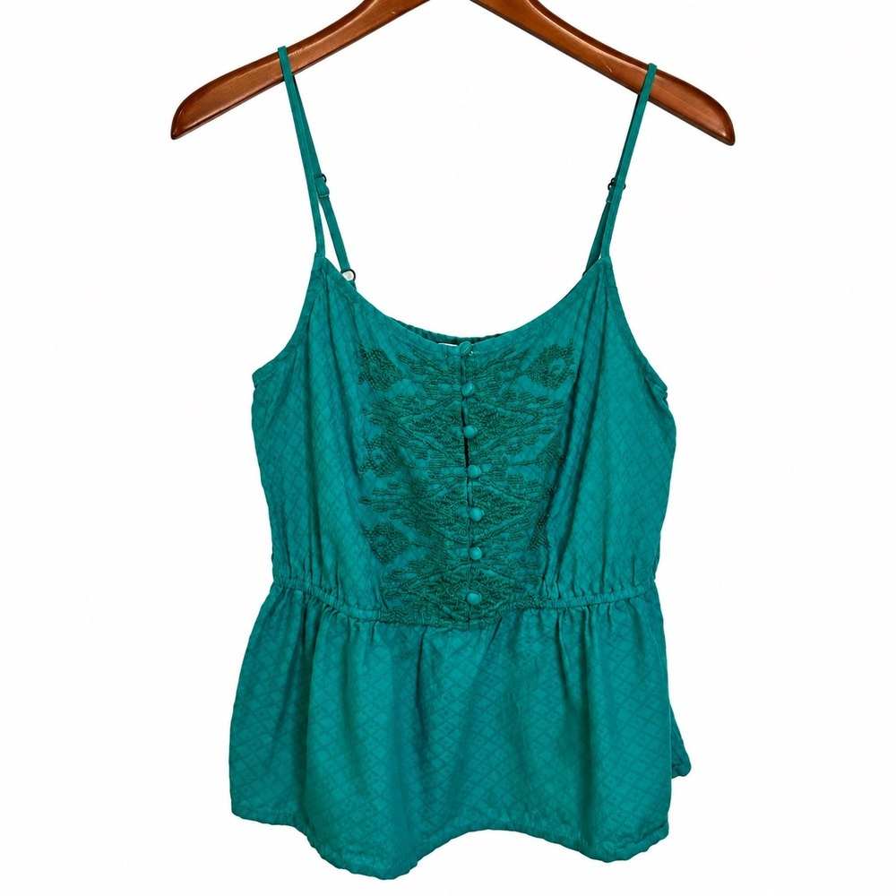 Arizona Jean Co Teal Embroidered Peplum Camisole Top Cotton Sz M